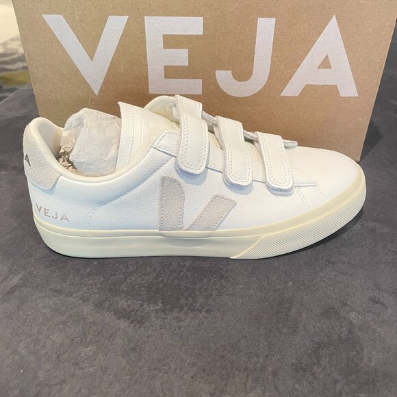 VEJA Women’s Recife White and Natural O.T. Leather Velcro Sneakers - Picture 3 of 6